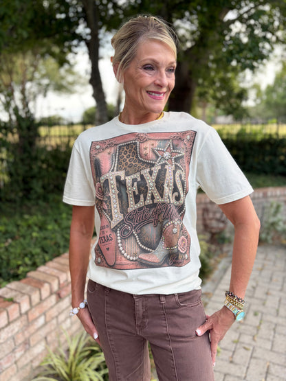 Texas graphic tee that says Texas state of mind with leopard, rose tones and brown on beige short sleeve