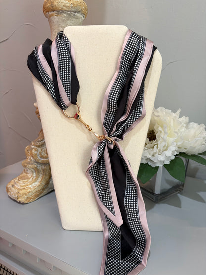 Horsebit Scarf Necklace-Black/White Check