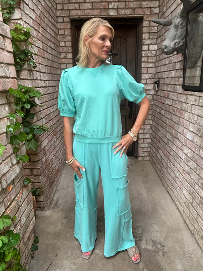Turquoise Ease Puff Sleeve Top
