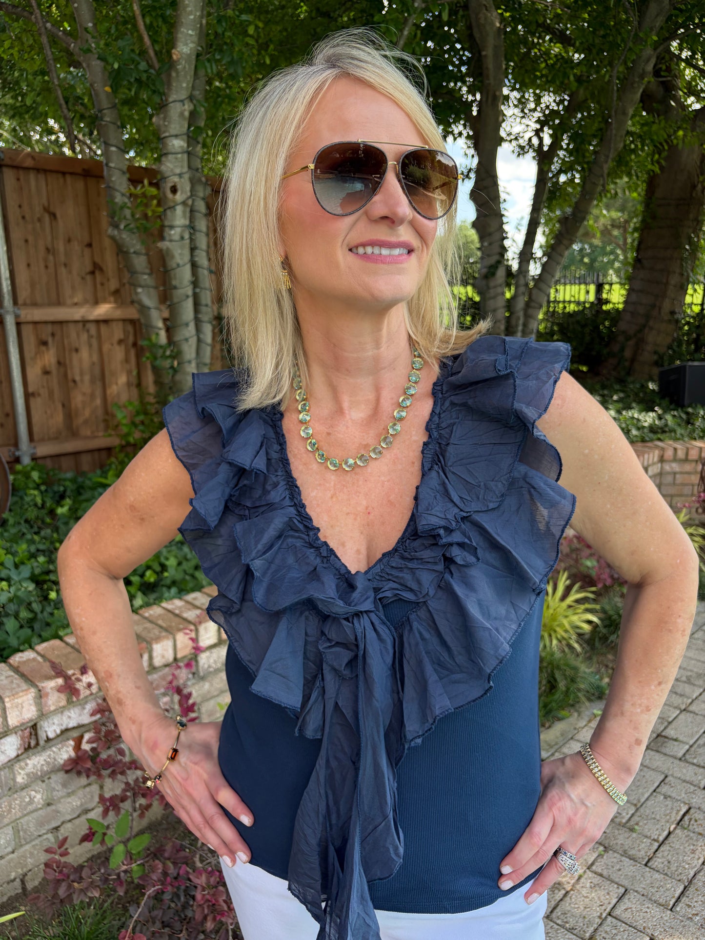 Italian Summer Ruffle Tank- Navy