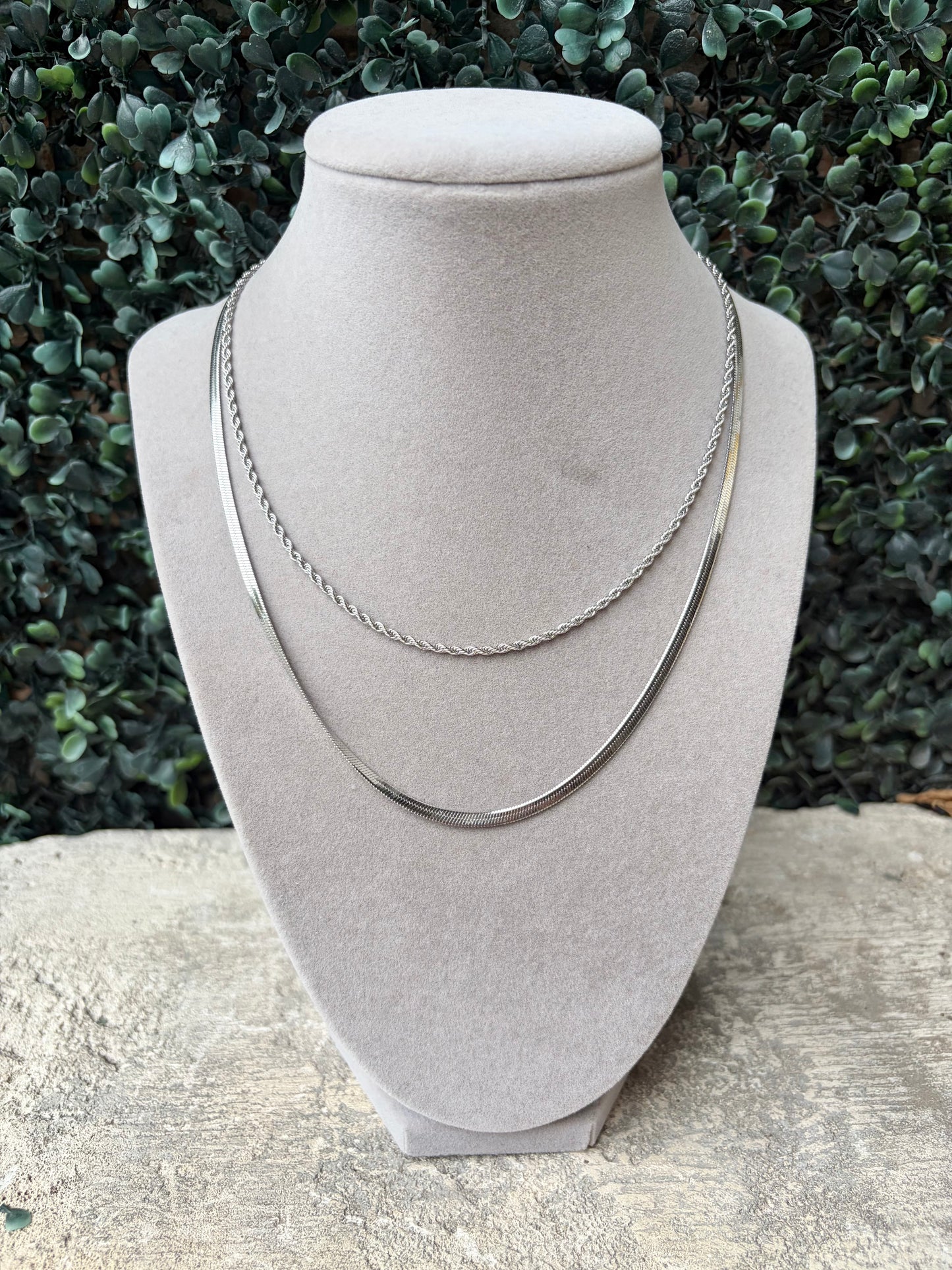 Silver Layering Herringbone & Rope Necklace