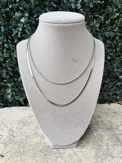 Silver Layering Herringbone & Rope Necklace