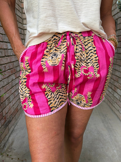 pink on pink stripe short with tigers and drawstring tie