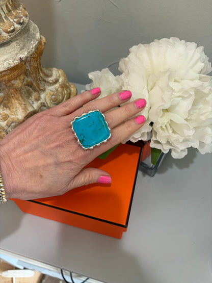 turquoise ring set in a square silver setting. Adjustable