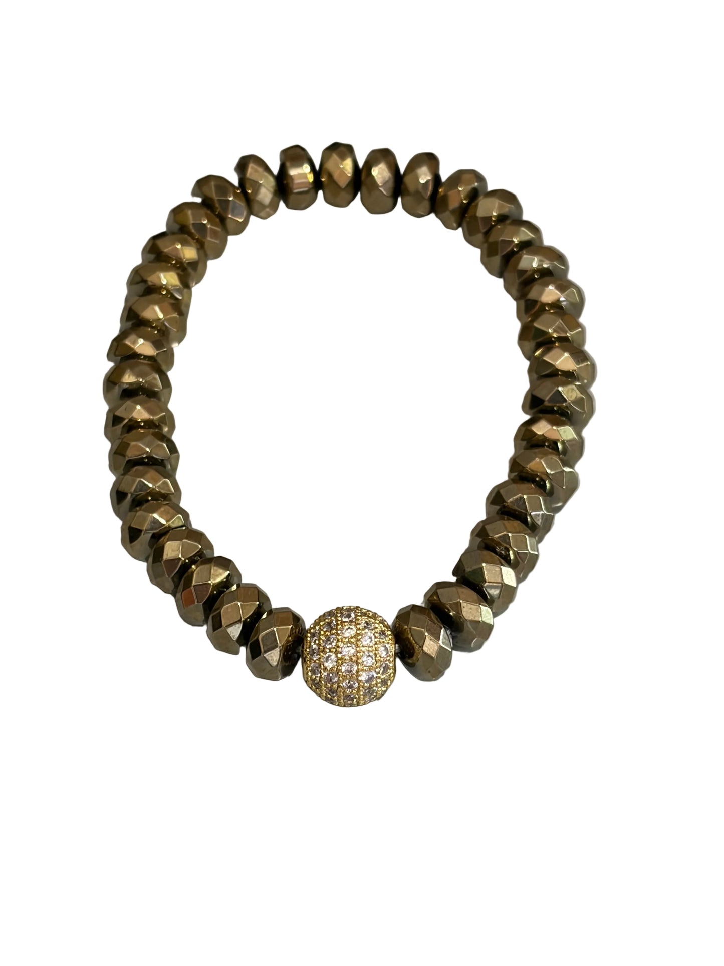 A stretch bracelet made of faceted metallic gold beads with a single round pavé-set gold bead accent in the center, displayed on a light gray surface.