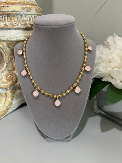 Gold ball beaded necklace with pink crystal drop pendants 