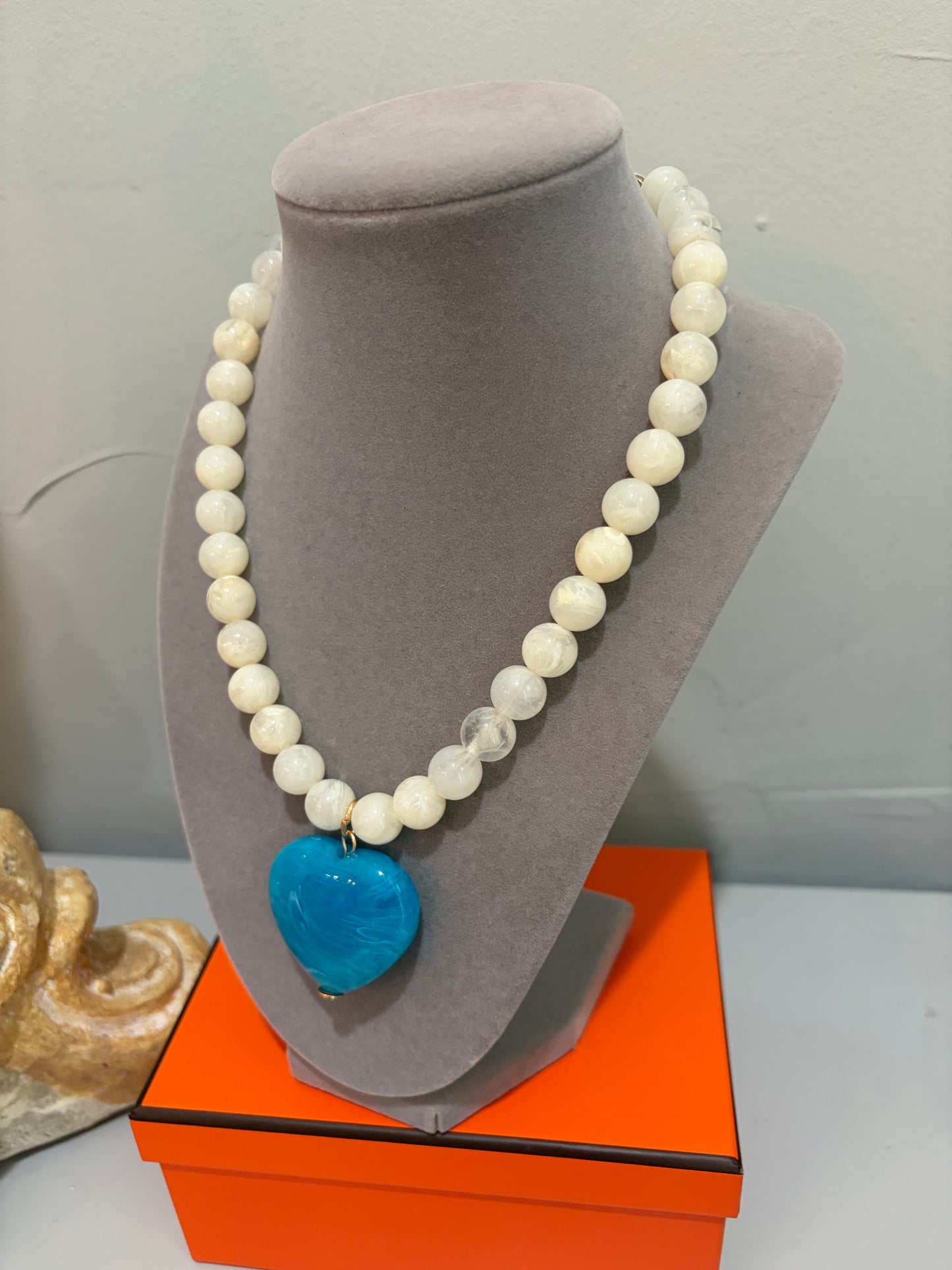 White Beaded Heart Necklace -Blue
