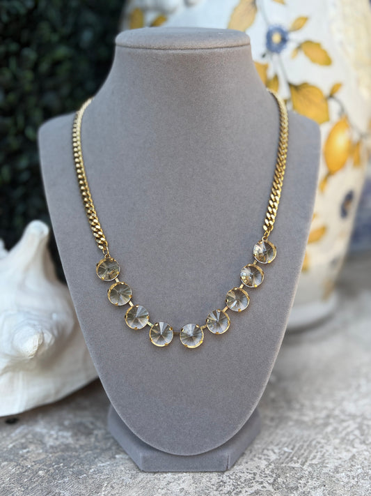 tova gold necklace with round, clear crystals