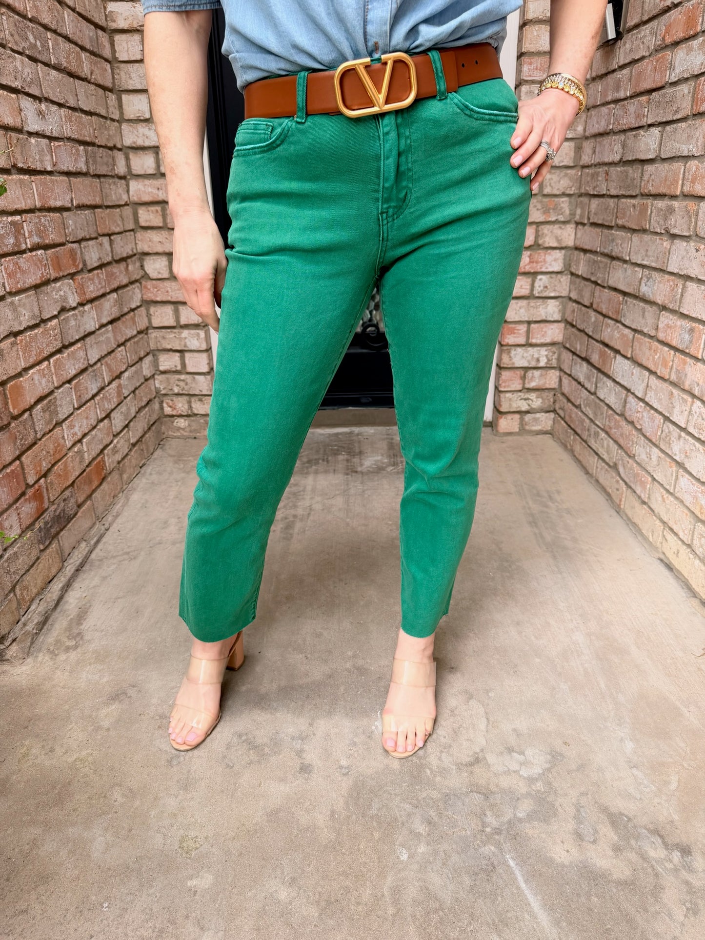 Washed Cropped Frayed Hem Denim-Green
