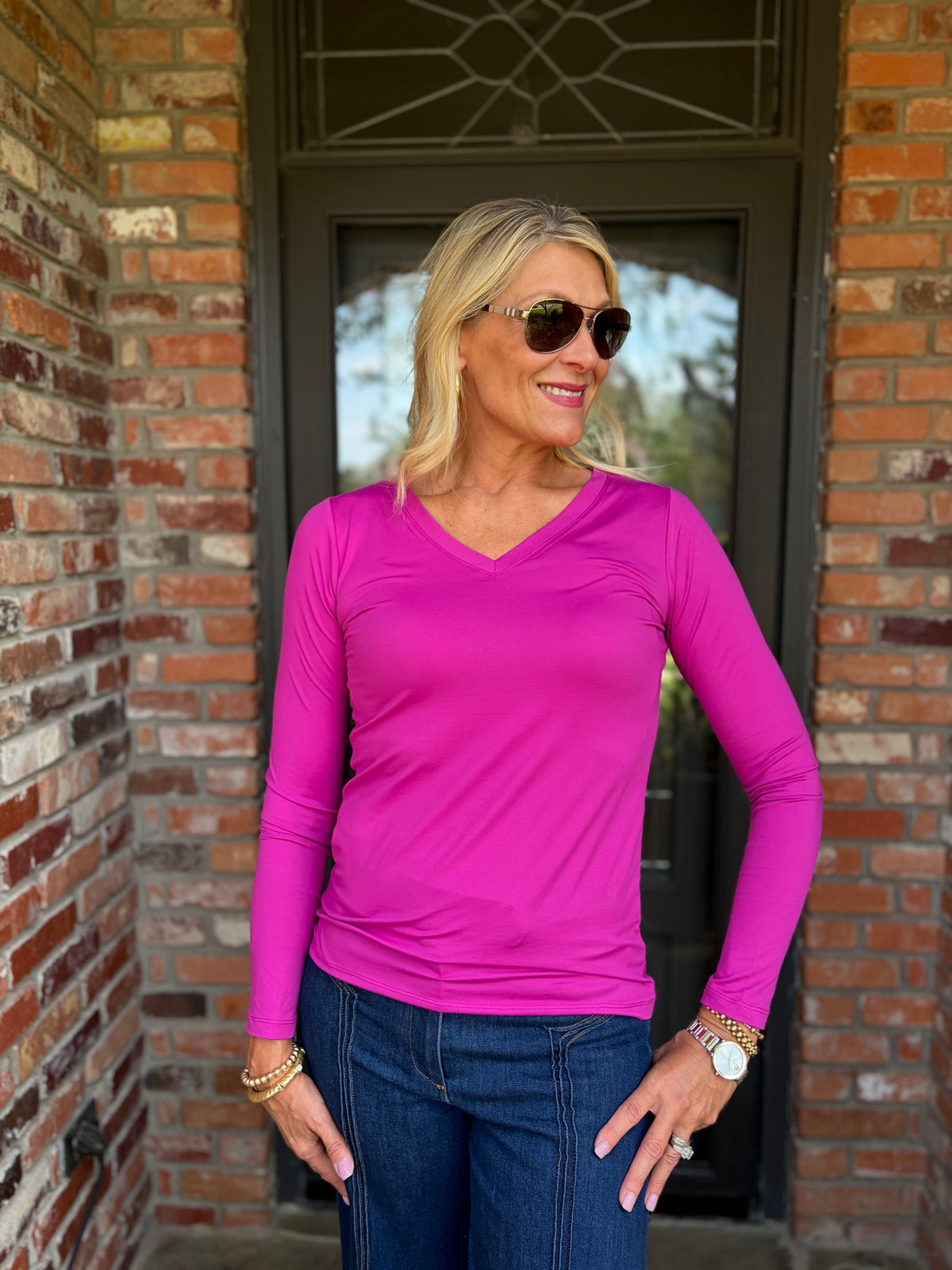 a long sleeve cotton/spandex v neck tee in magenta pink color