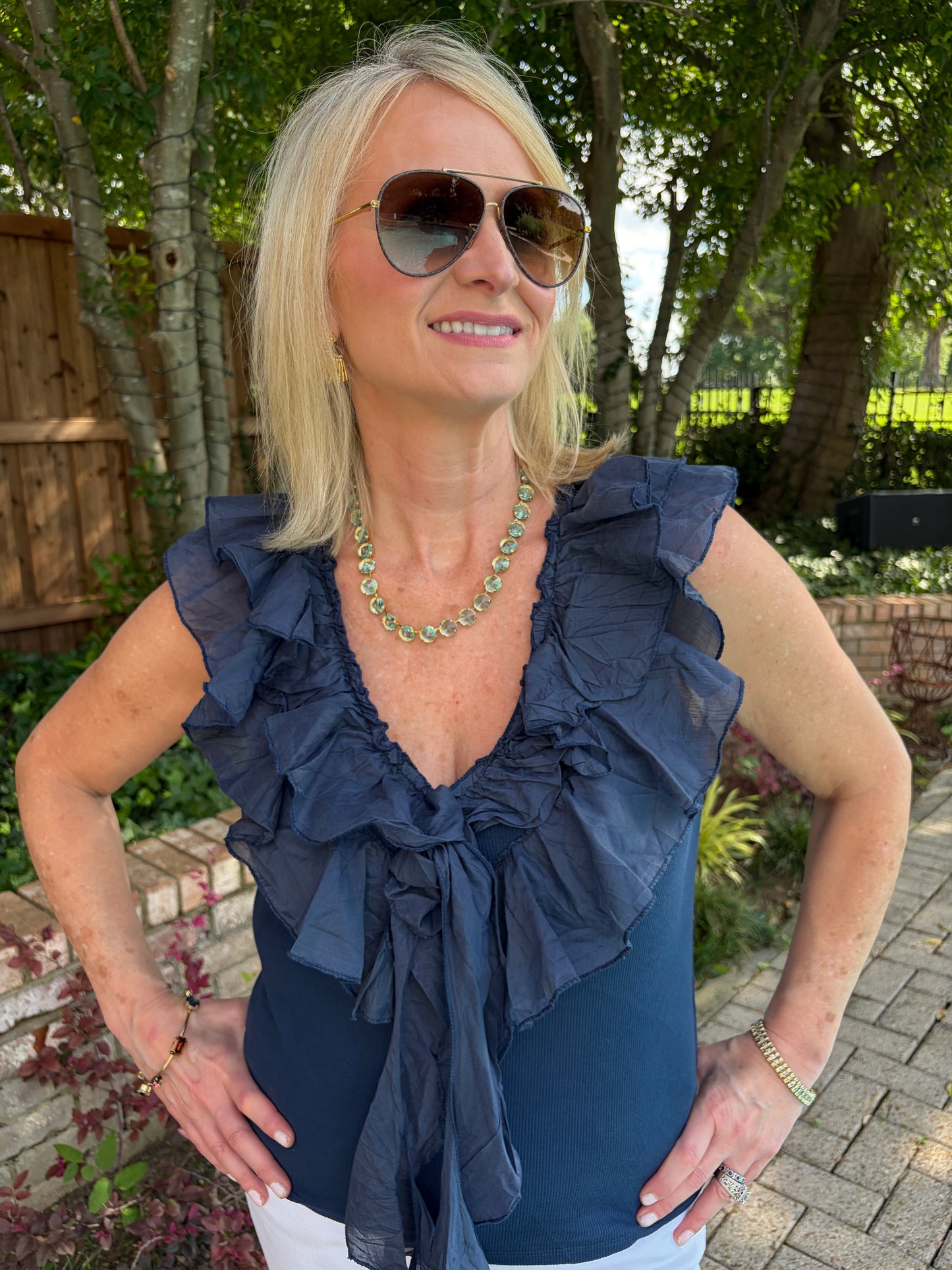 Italian Summer Ruffle Tank- Navy