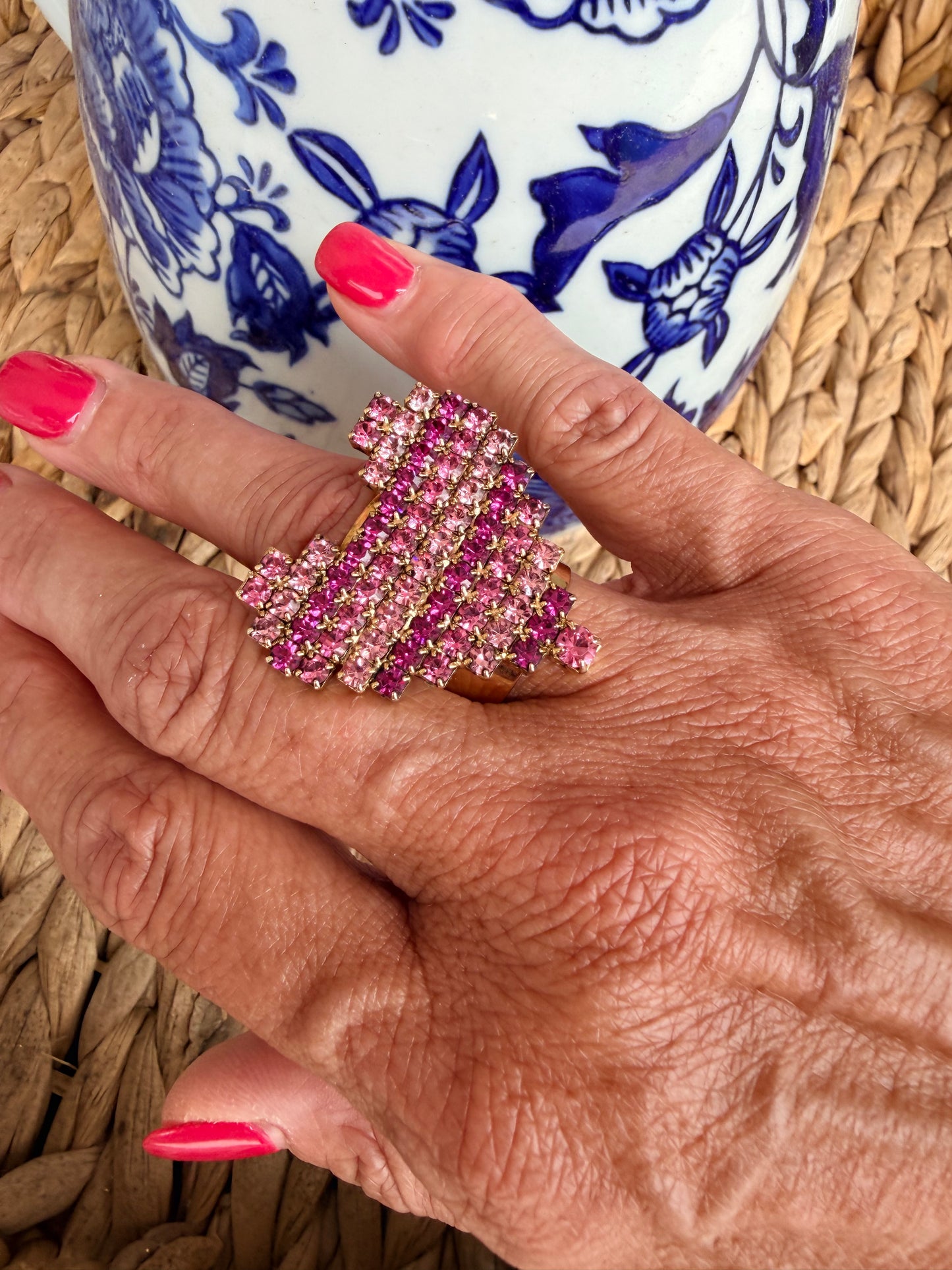 pink statement ring with pink on pink rhinestones in a row.