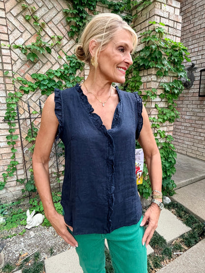 Ruffled Linen Sleeveless Blouse