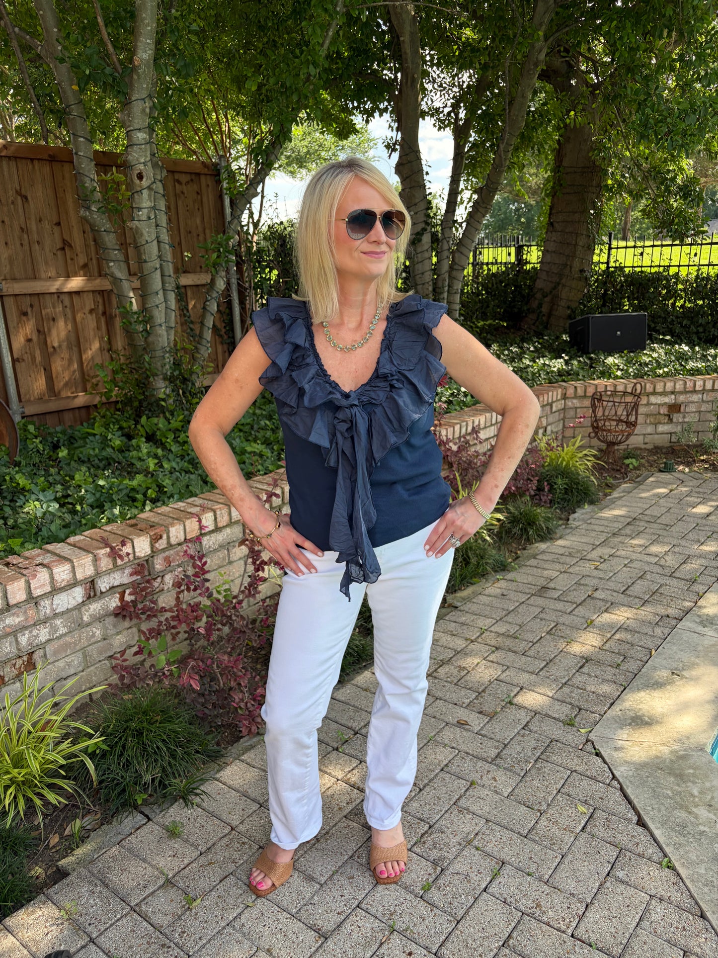 Italian Summer Ruffle Tank- Navy