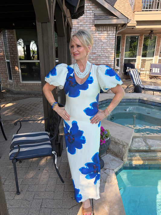 Santorini Skies- Blue Floral Maxi Dress