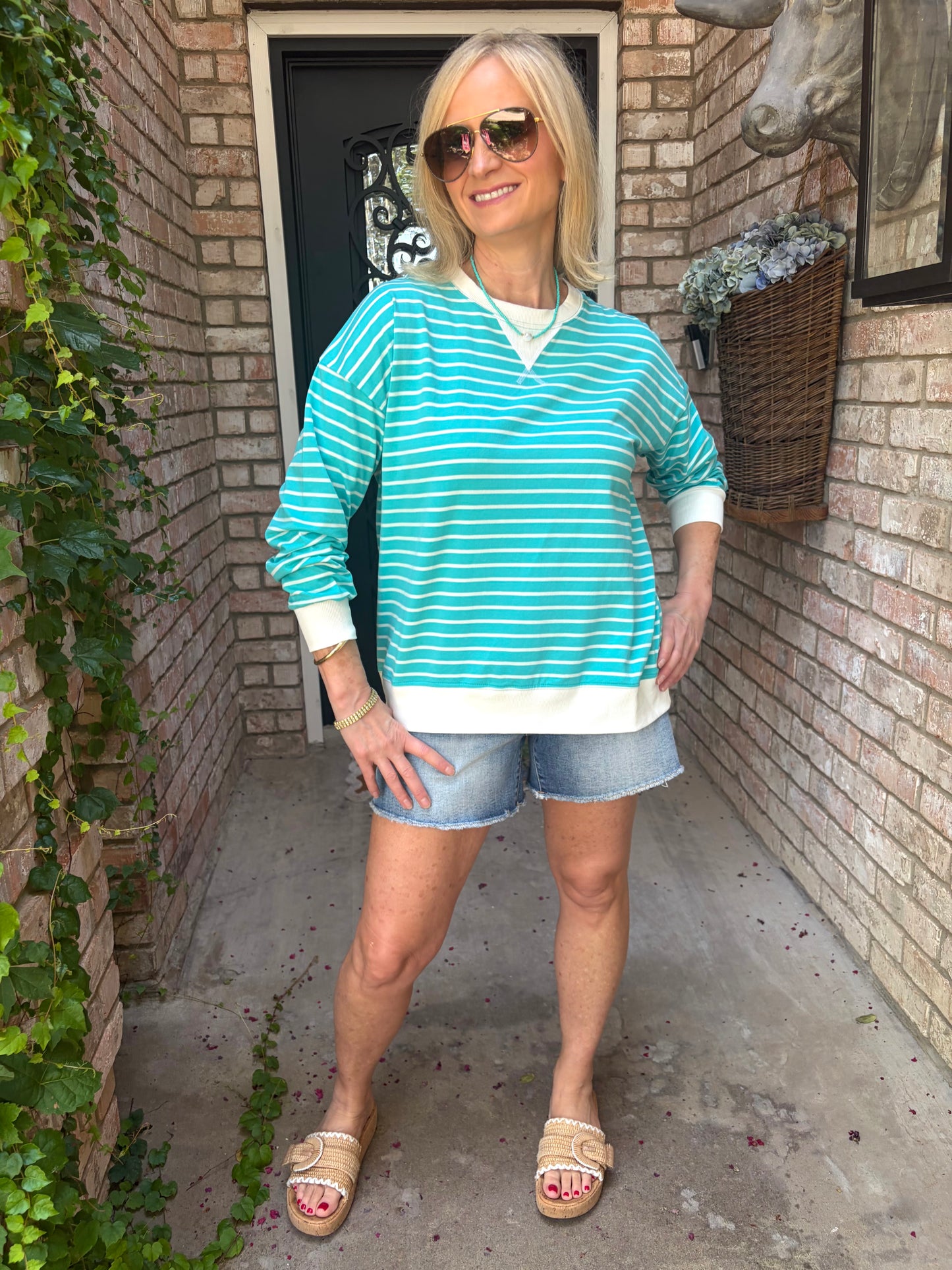 Easy Wear Striped Pull Over-Turquoise