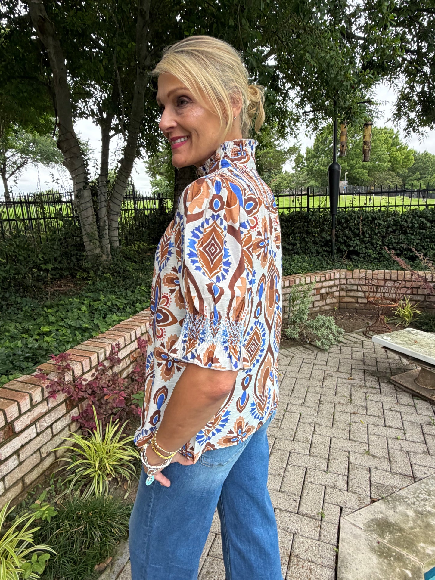 Mocha & Blue Ruffled Blouse