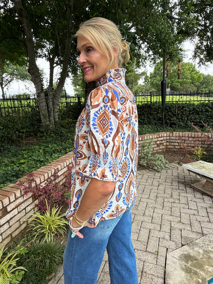 Mocha & Blue Ruffled Blouse