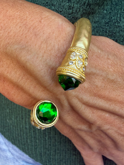 Faceted Green Stone Hinged Cuff Bracelet