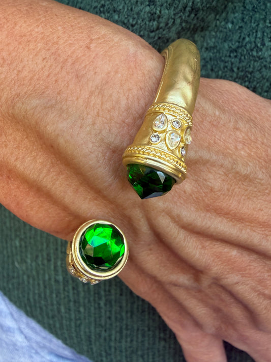 Faceted Green Stone Hinged Cuff Bracelet