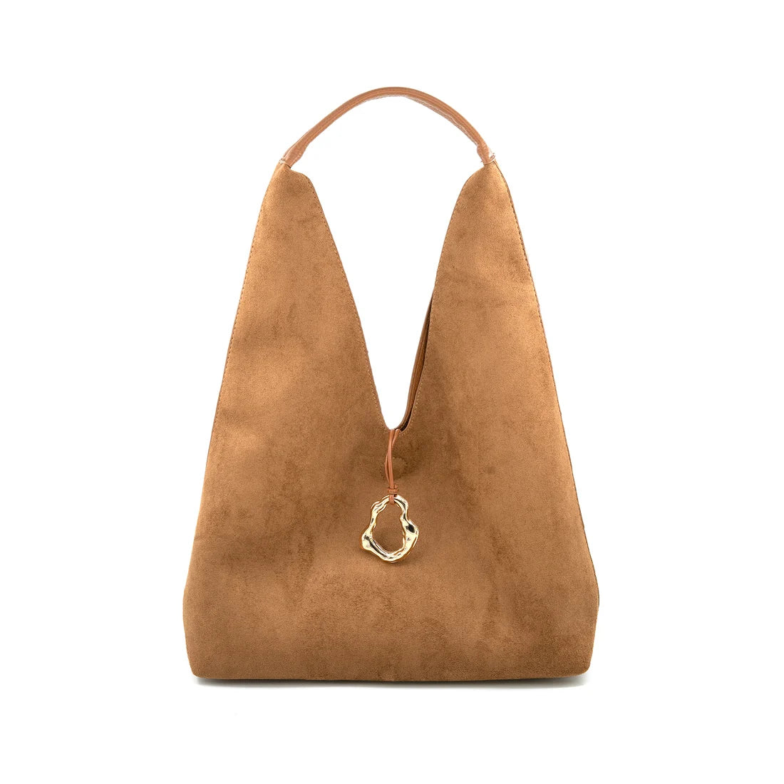 A camel brown suede hobo bag with a single top handle and a gold-tone interlocking rings charm, shown against a plain white background.