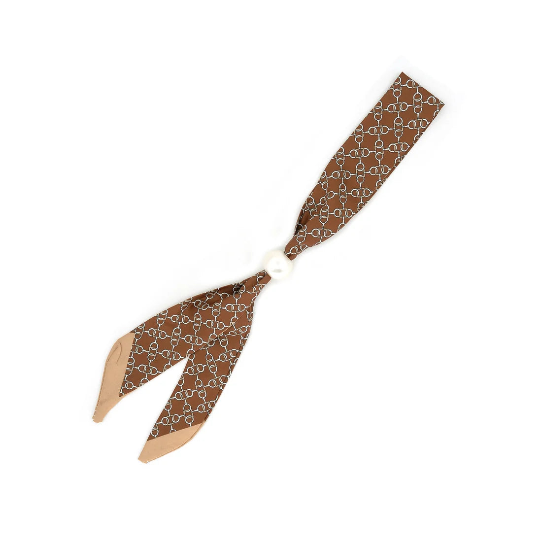 brown and tan link print twilly with pearl slide