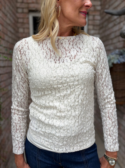 fitted, long sleeved ight beige lace crew neck top. stretchy one size italain