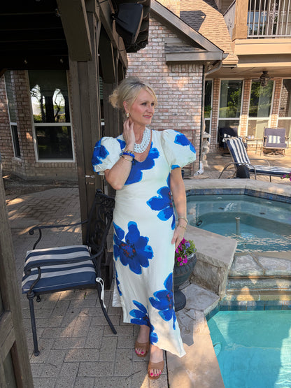 Santorini Skies- Blue Floral Maxi Dress