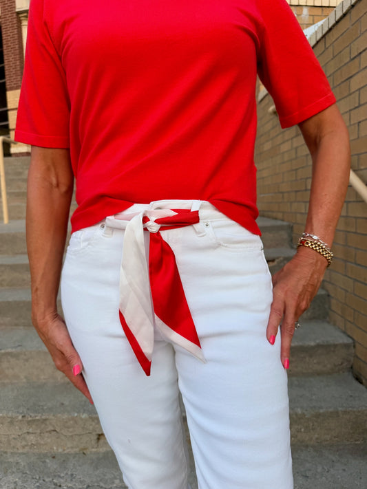 A red and white satin twilly