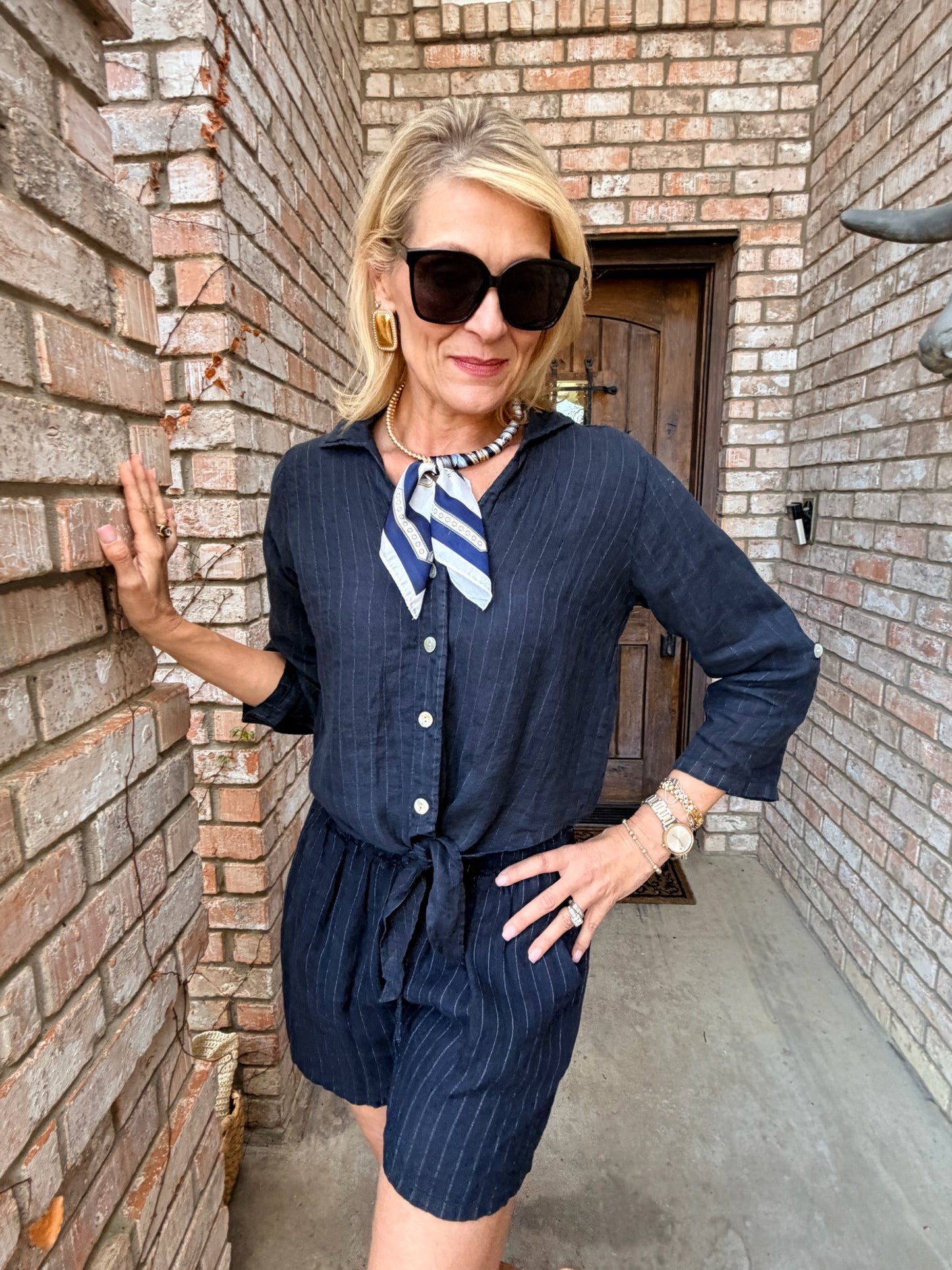 Navy Stripe Linen Short