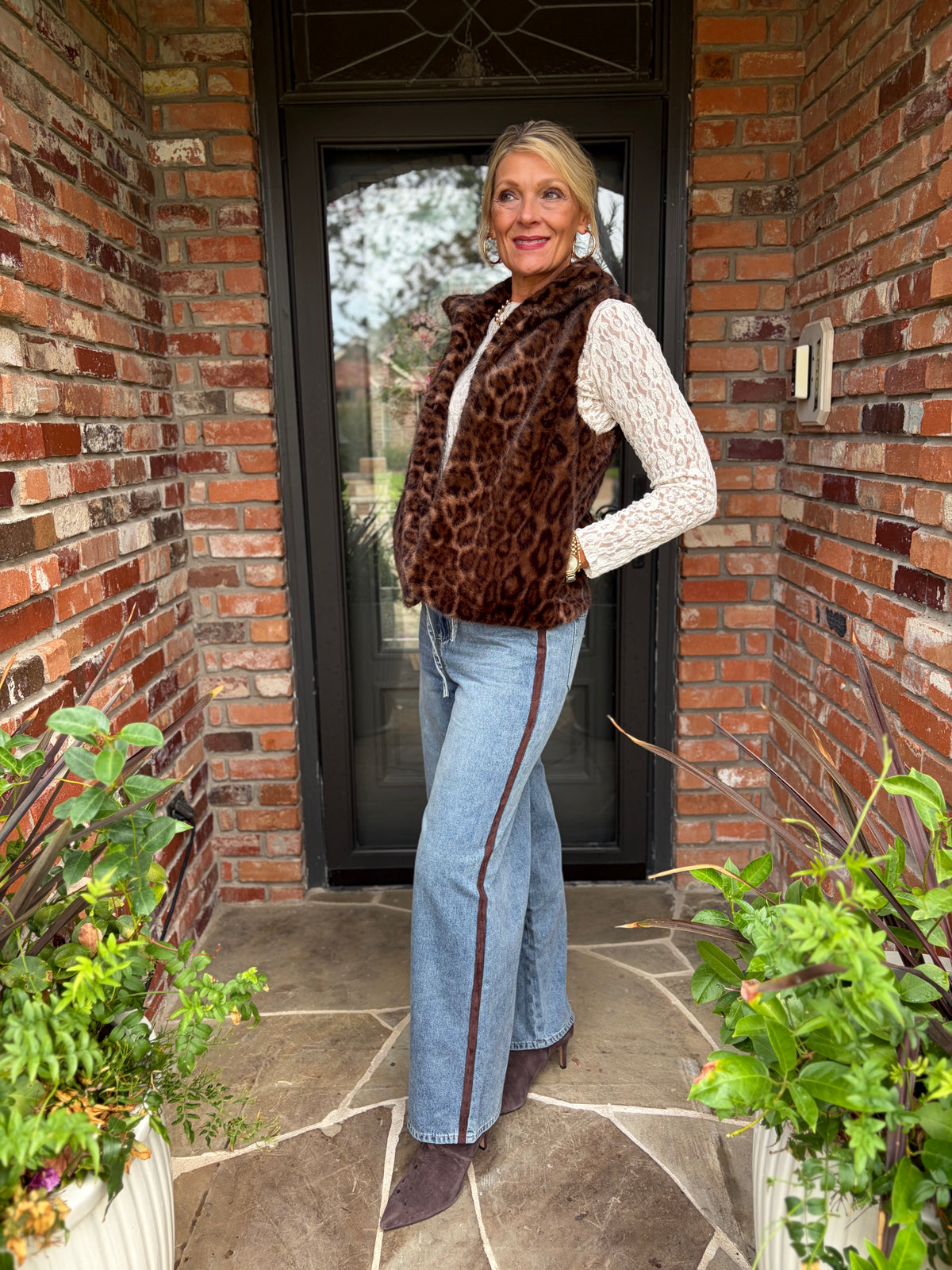 wide leg medium blue was denim with a chocolate stripe detail down the sidewith front pockets, button and elastic waist with tie 