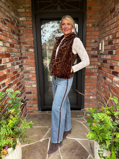 wide leg medium blue was denim with a chocolate stripe detail down the sidewith front pockets, button and elastic waist with tie 