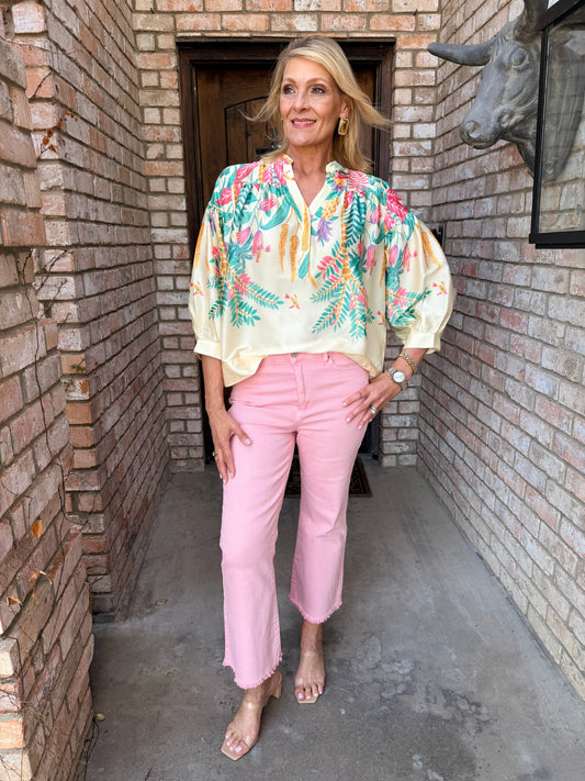 Washed Frayed Hem Flair Pant-Pink