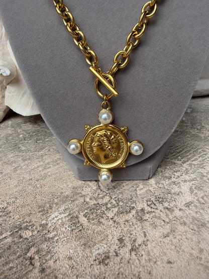 Classic Coin Pearl Medallion Necklace