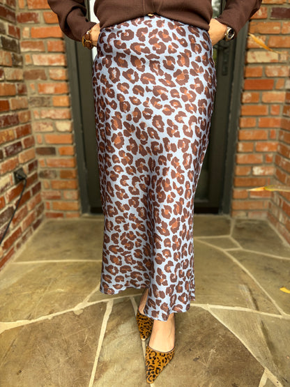 a slate blue aline midi skirt with brown on brown leopard print with elastic waist