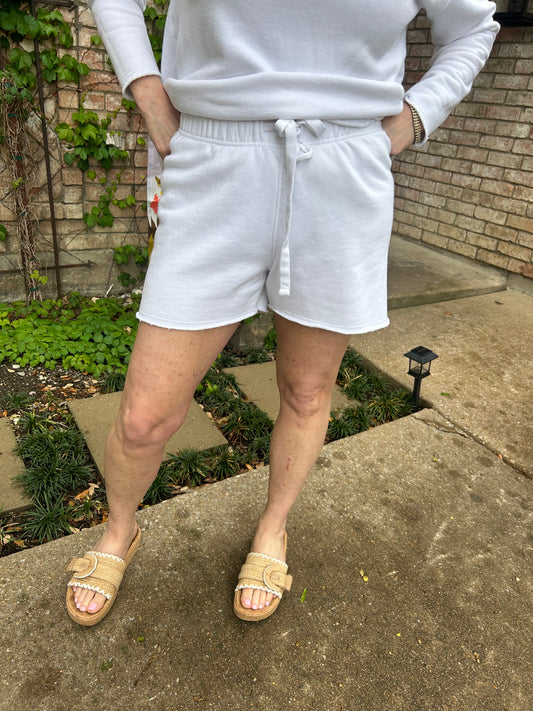 Cotton, french terry mid length elastic waist tie.