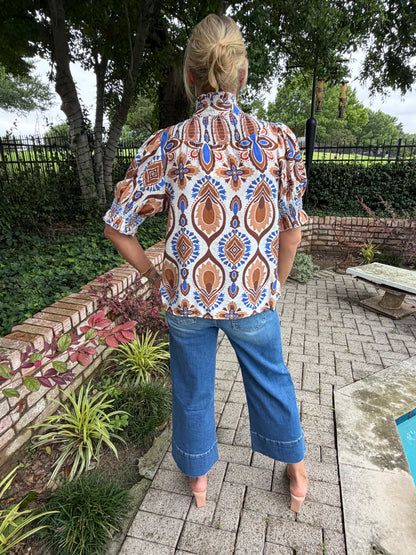 Mocha & Blue Ruffled Blouse