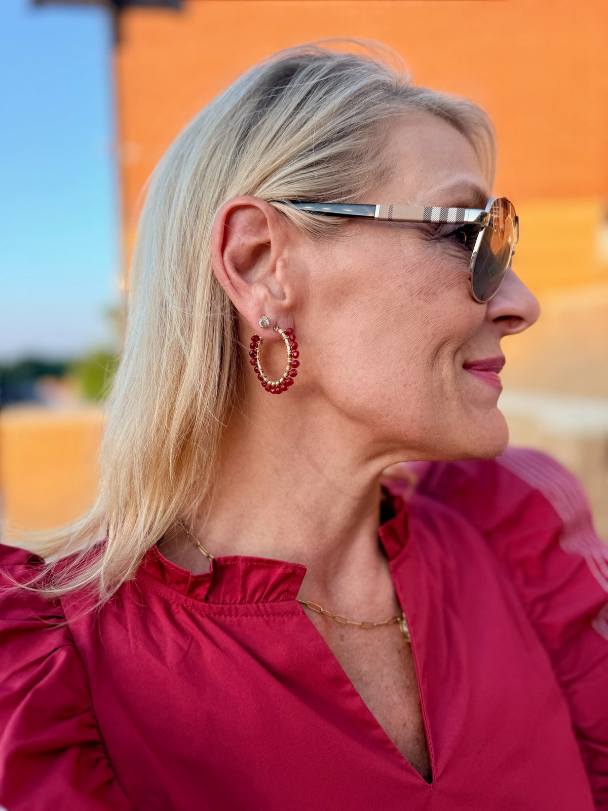 red beaded hoop earrings with gold
