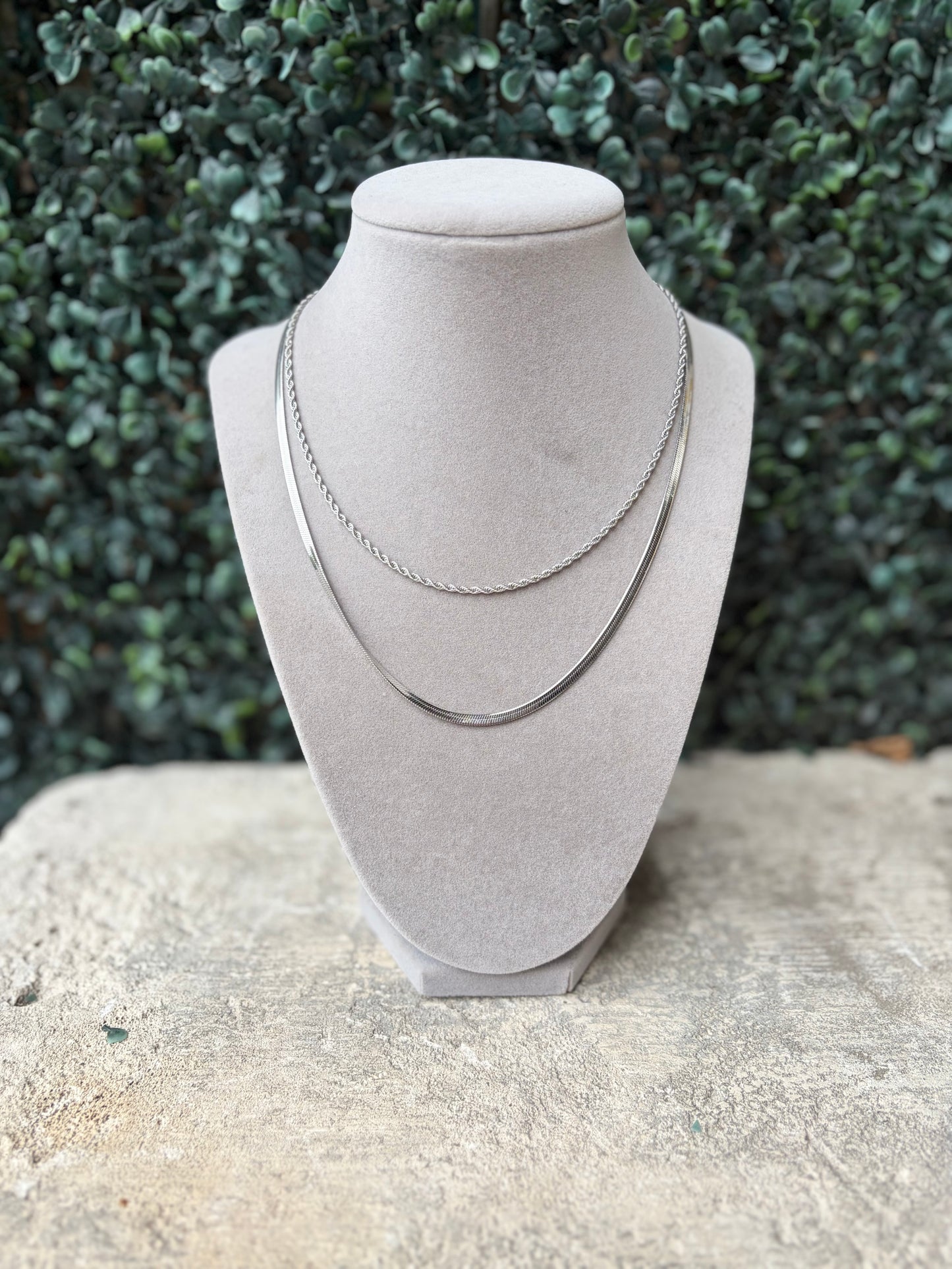 Silver Layering Herringbone & Rope Necklace
