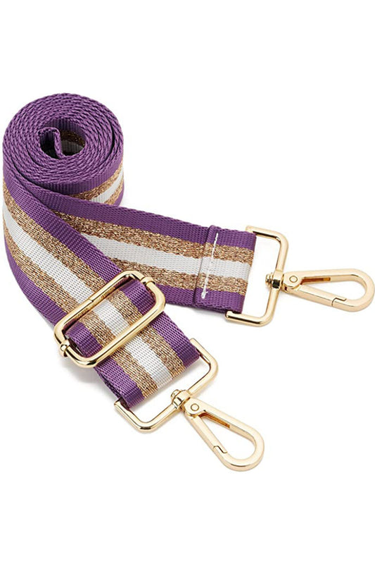a purple and white striped strap bag strap with gold clips. Adjustable