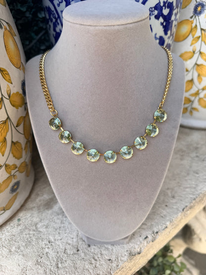 tova mini sophia necklace with small gold chain and adorned with aqua crystals