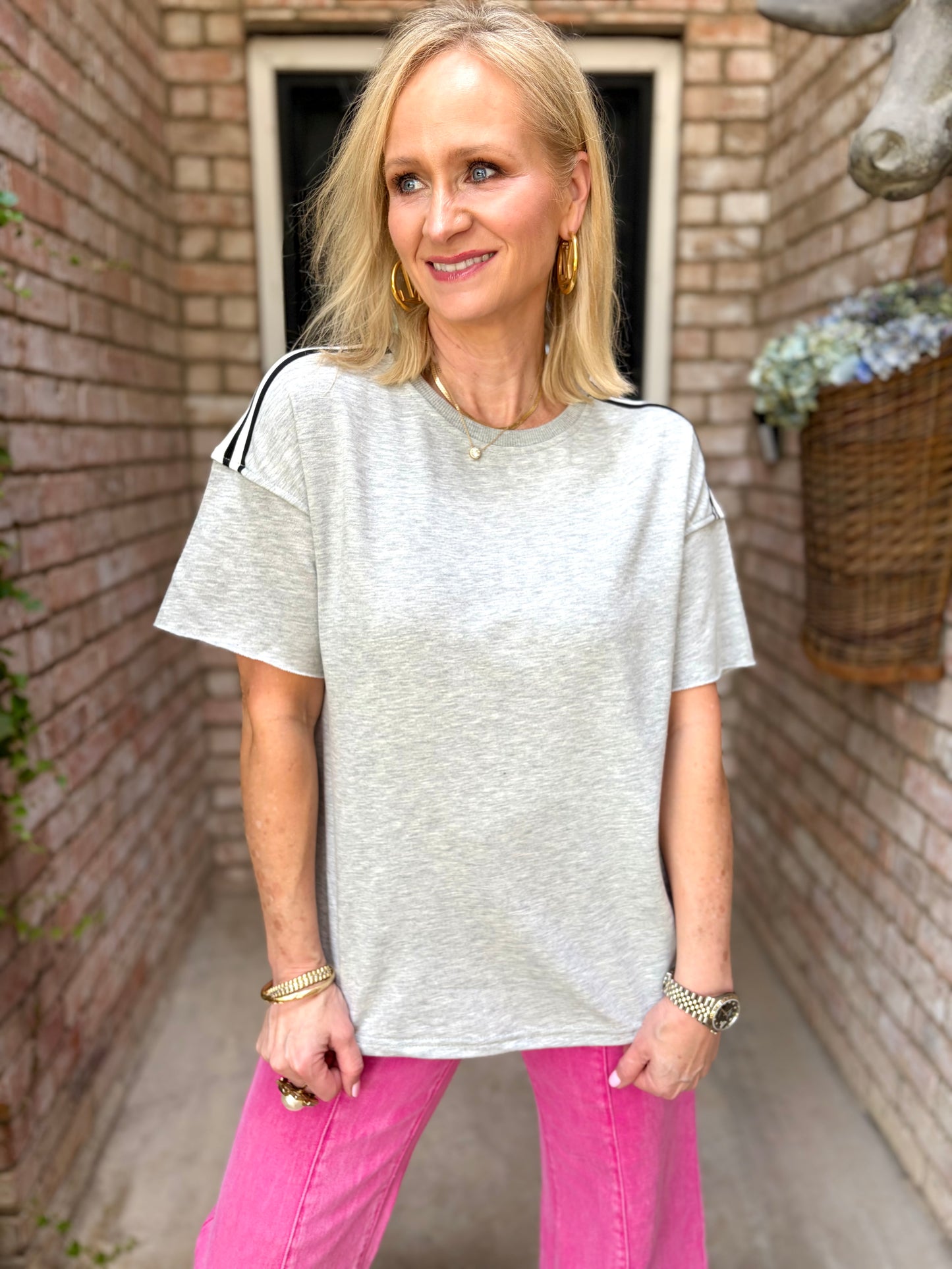 Valerie Varsity Stripe Gray Tee