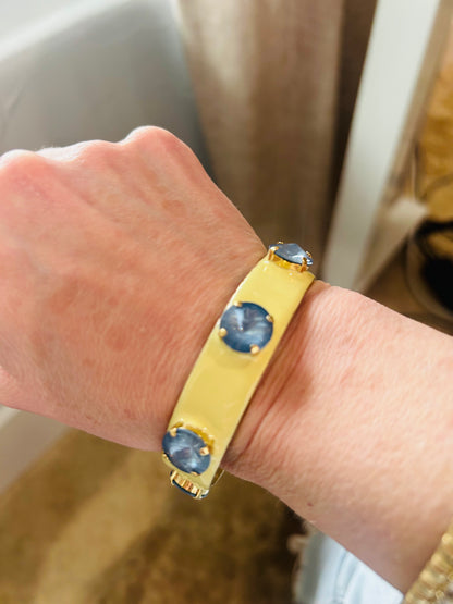 Tova yellow enamel cuff bracelet adorned with  5 blue denim round crystals