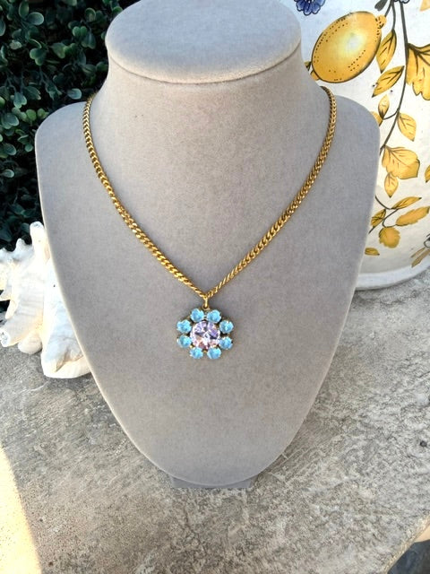 Tova gold necklace with flower pendant in lavender and light blue