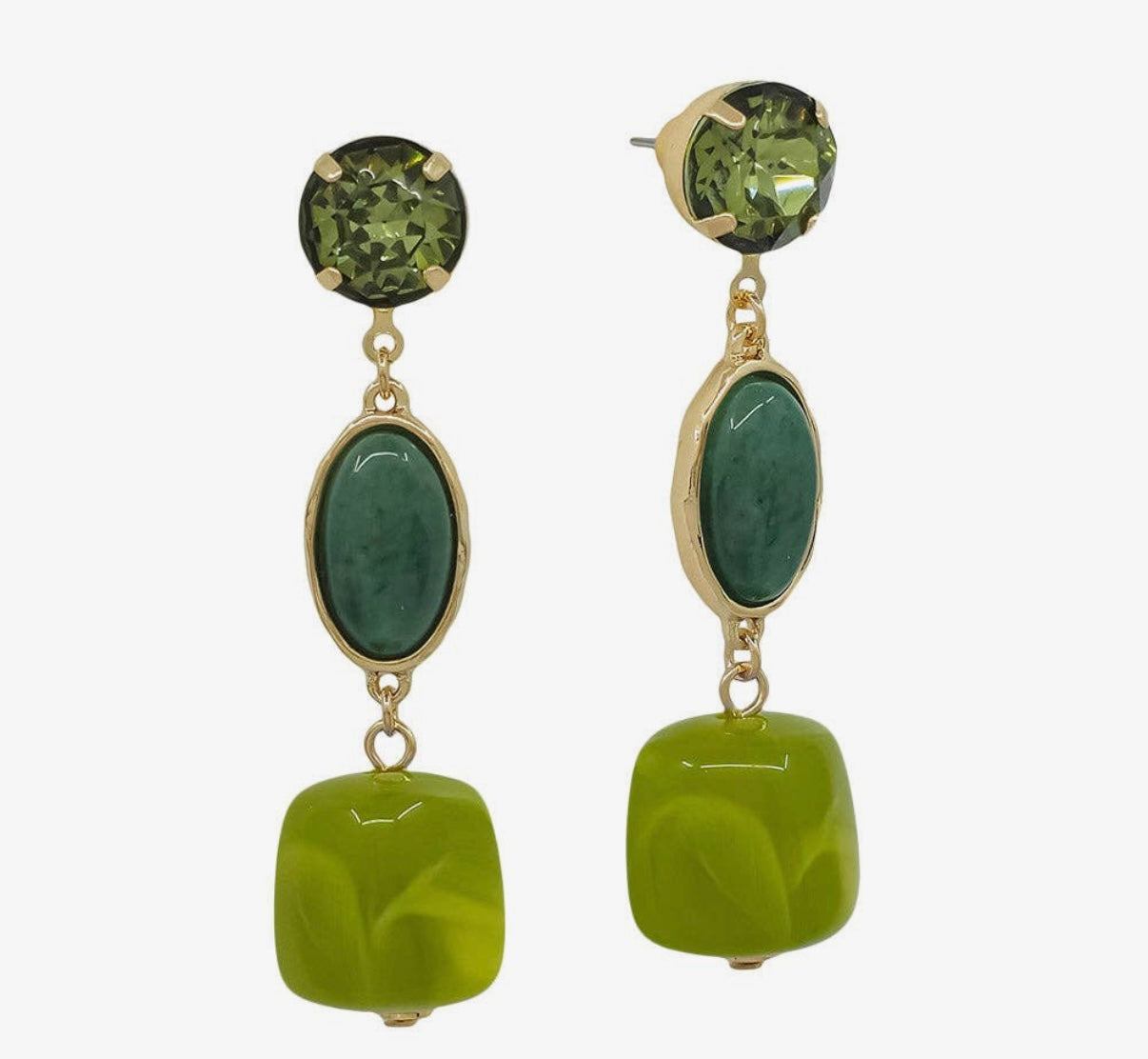 A pair of gold-tone drop earrings featuring round green top stones, oval green center stones, and large lime-green square pendant beads, shown against a plain light gray background.