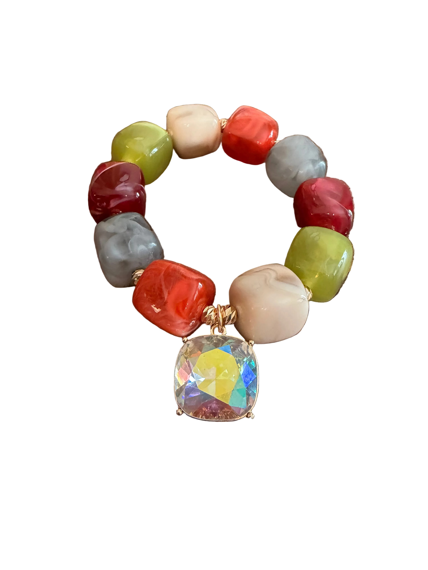 A beaded stretch bracelet with chunky, rounded marbled beads in red, green, gray, cream, and orange, featuring a large iridescent square pendant with gold-tone trim. water resistant