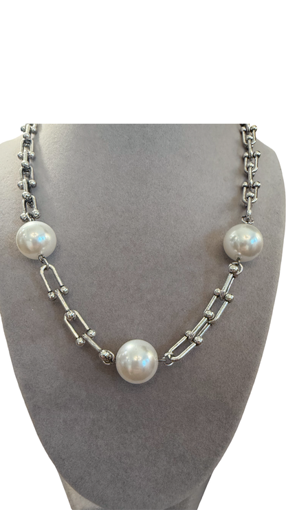 Soft Link Pearl Necklace-Silver