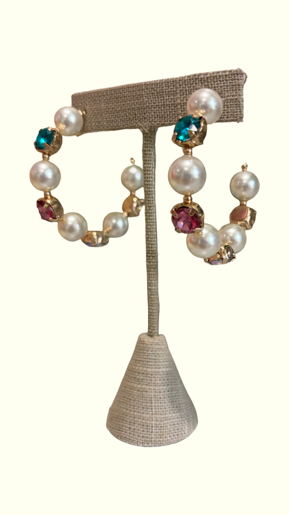  hoop earrings with pearls and pink and teal gemstones