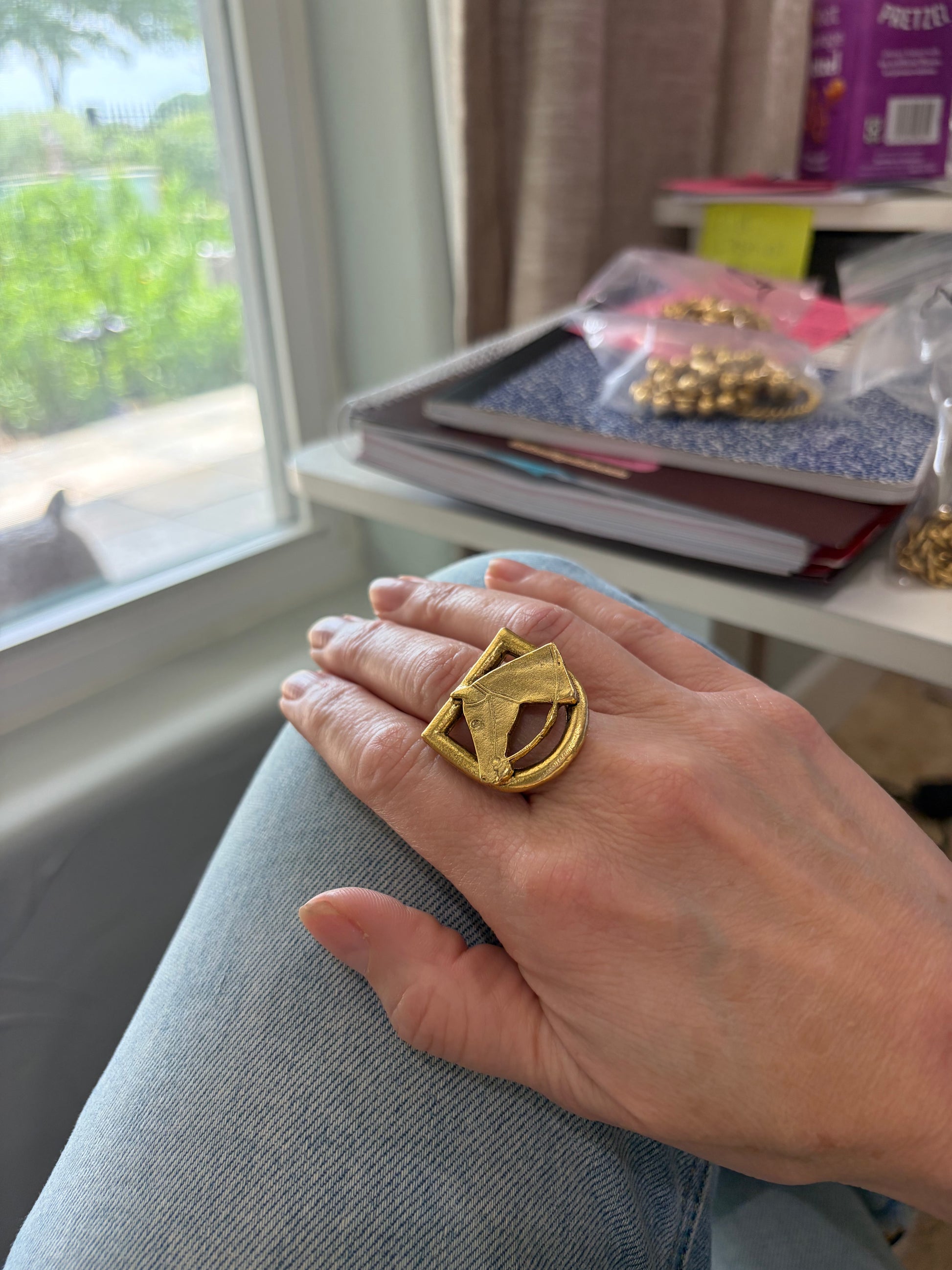 horse ring, 22kt gold plated, adjustable