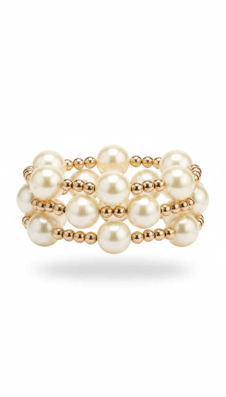 A stack of three pearl and gold beaded stretch bracelets  on a clean white background.